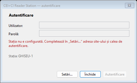 Fereastra de autentificare cu mesajul Stația nu e configurată