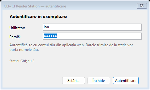 Fereastra de autentificare cu utilizator și parolă