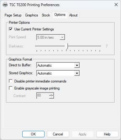 Tabul Options cu Use Current Printer Settings bifat