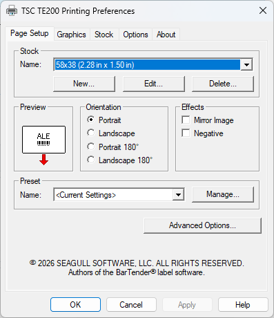 Tabul Page Setup cu stocul 58x38 selectat și orientarea Portrait