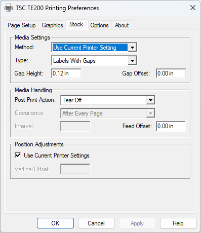 Tabul Stock cu Method Use Current Printer Setting și Type Labels With Gaps