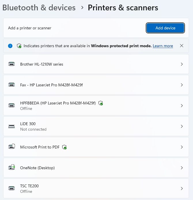 Lista Imprimante și scanere din Setări Windows, cu TSC TE200