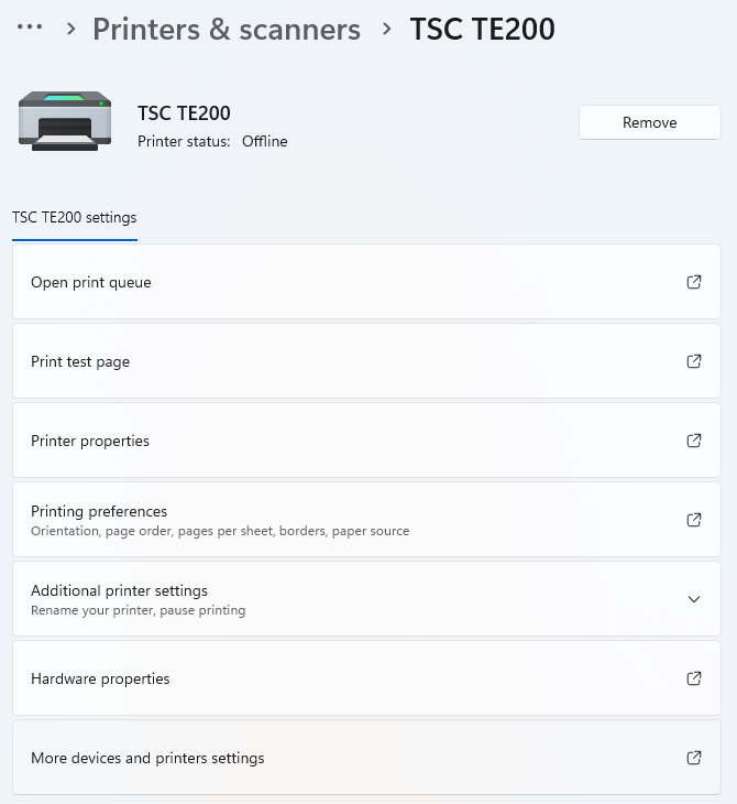 Pagina imprimantei TSC TE200 cu opțiunea Printing preferences