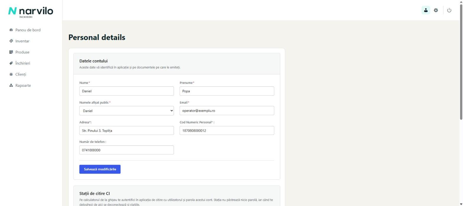 Formularul Datele contului cu nume, prenume, email, adresă, CNP și telefon (date fictive)
