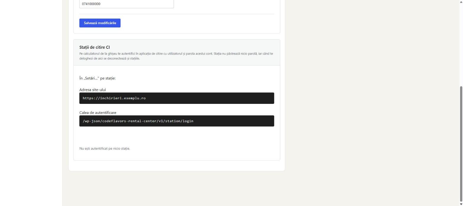 Secțiunea Stații de citire CI din contul aplicației web, cu adresa site-ului și calea de autentificare