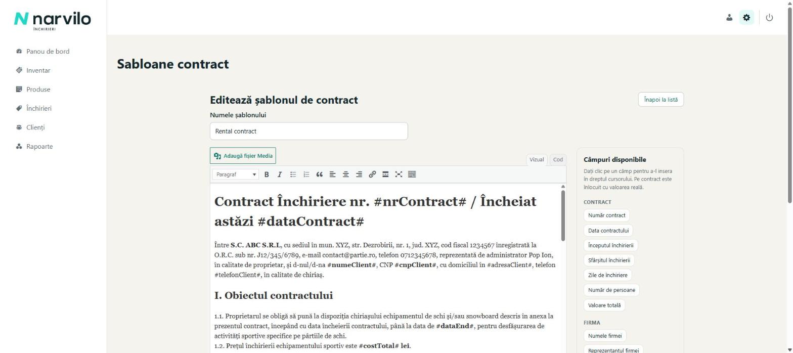 Editorul de șablon cu textul contractului și lista de câmpuri disponibile
